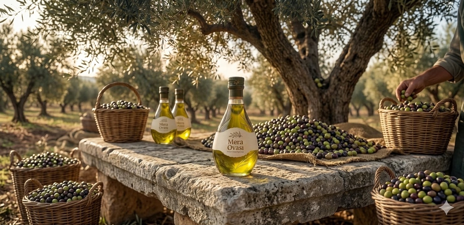 Mera Ovası şişeleri Ocaklar'daki zeytinlikte hasat masasında