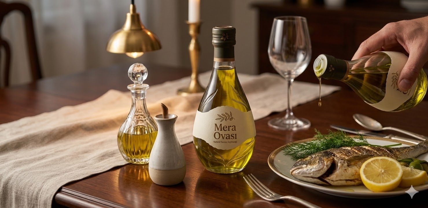 Mera Ovası zeytinyağı balık tabağı ile sofrada