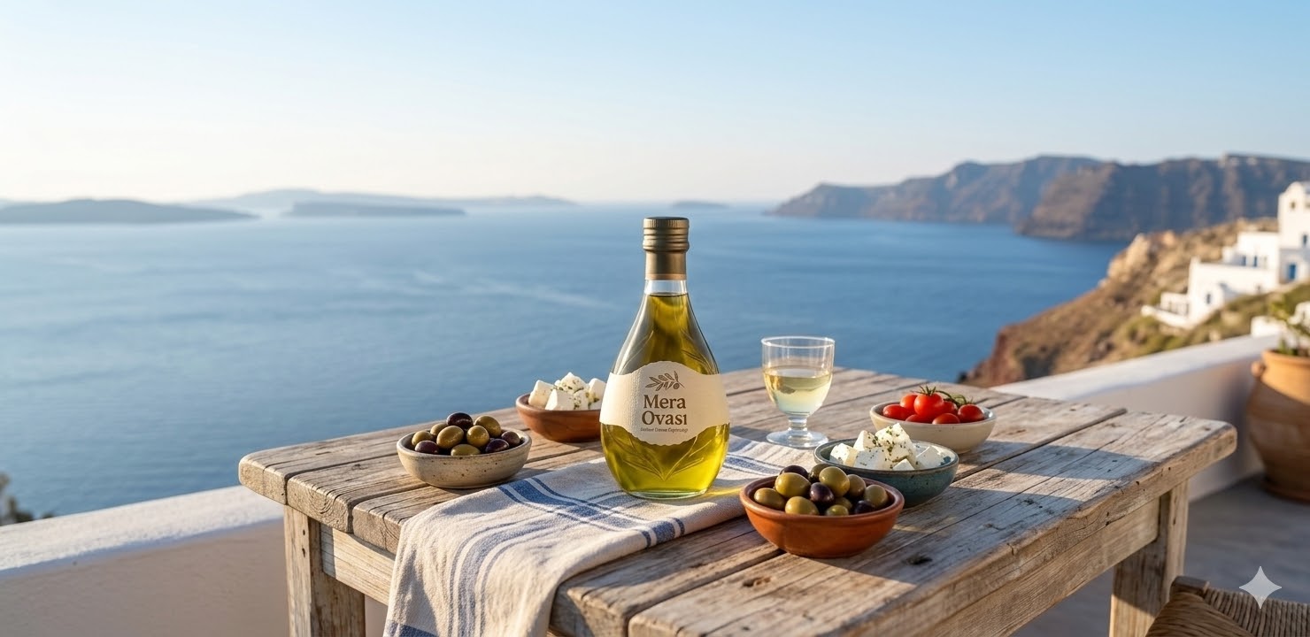 Mera Ovası zeytinyağı deniz manzaralı sofrada